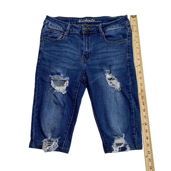 Machine Distressed Stretch Denim Bermuda Shorts Blue Sz 28 - Picture 9 of 14